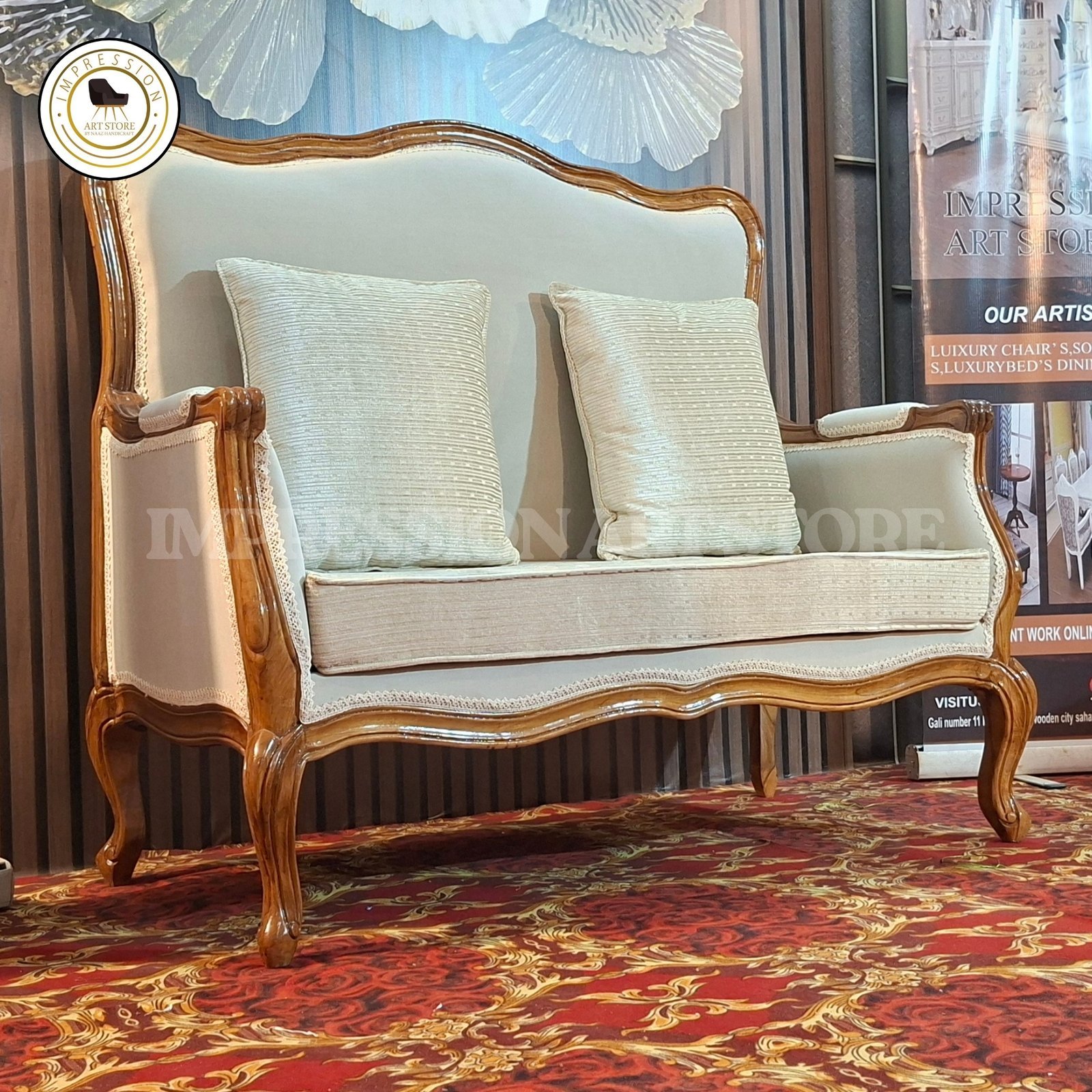 French Style Wooden Sofa Set – Handcarved Teak Wood 3-Seater & Chair Set with Premium Fabric - Image 2