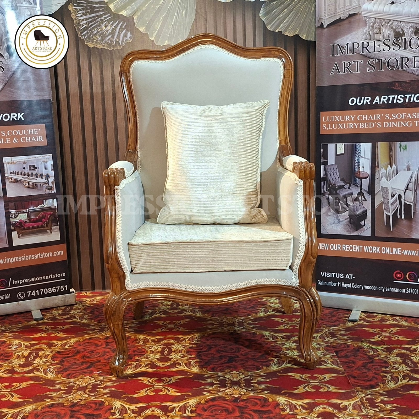 French Style Wooden Sofa Set – Handcarved Teak Wood 3-Seater & Chair Set with Premium Fabric - Image 3