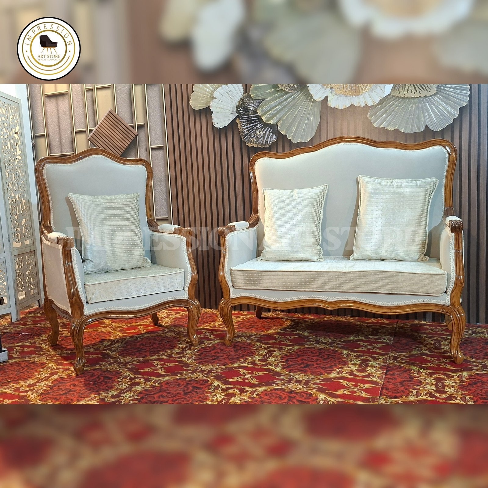 French Style Wooden Sofa Set – Handcarved Teak Wood 3-Seater & Chair Set with Premium Fabric - Image 5