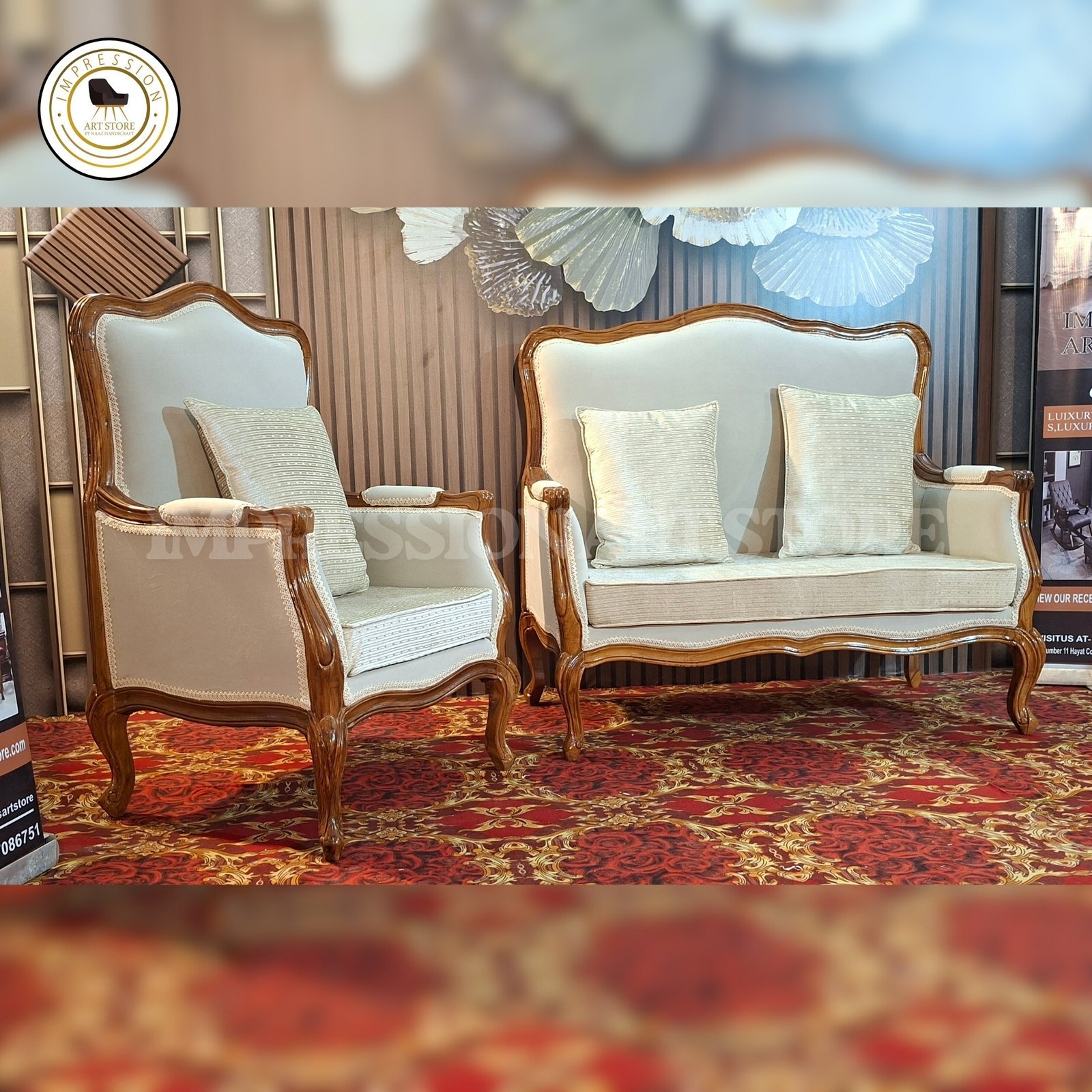 French Style Wooden Sofa Set – Handcarved Teak Wood 3-Seater & Chair Set with Premium Fabric - Image 4