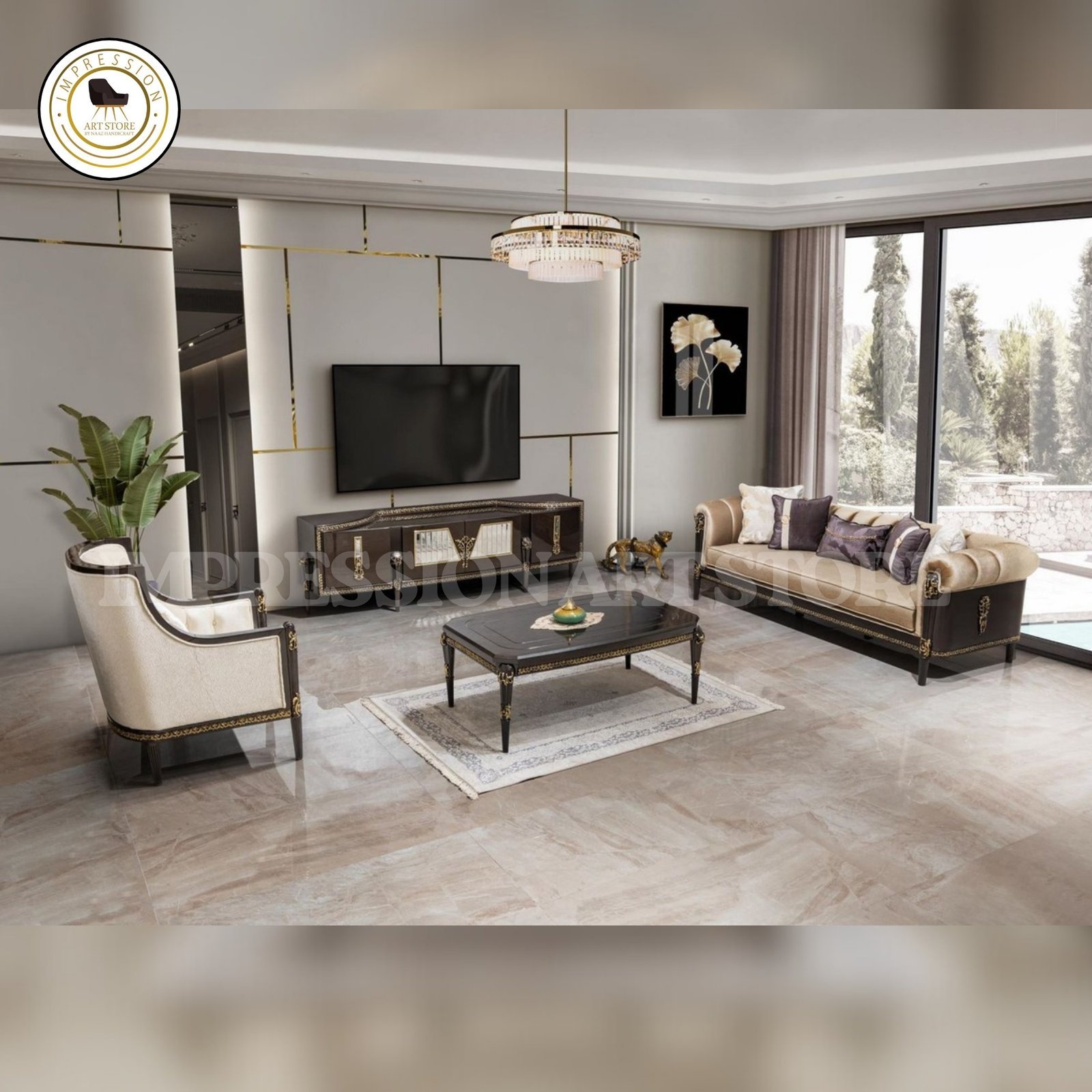 Teak Wood Sofa Set 5 Seater with Table | Rolled Arm Design & Champagne Upholstery - Image 2