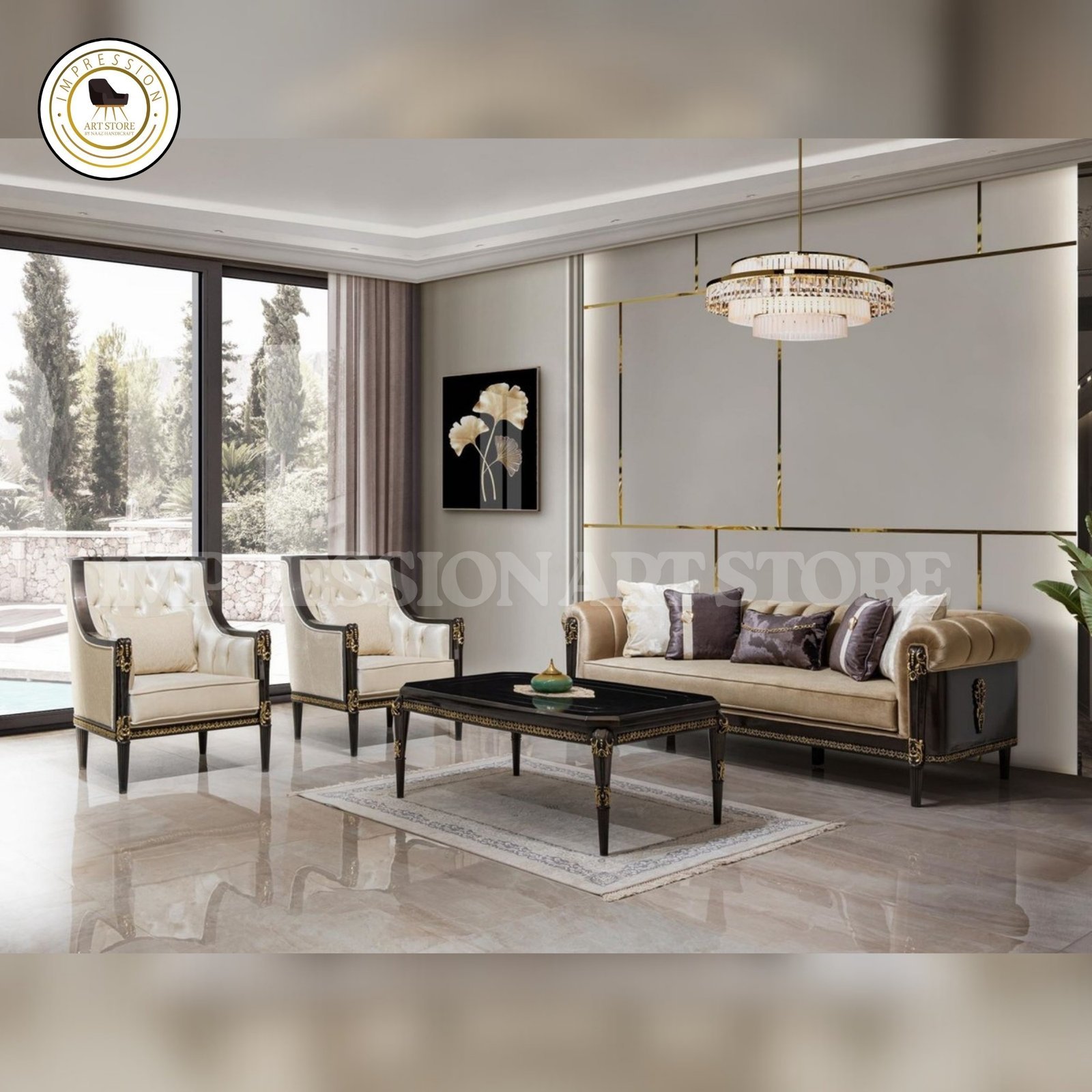 Teak Wood Sofa Set 5 Seater with Table | Rolled Arm Design & Champagne Upholstery - Image 3