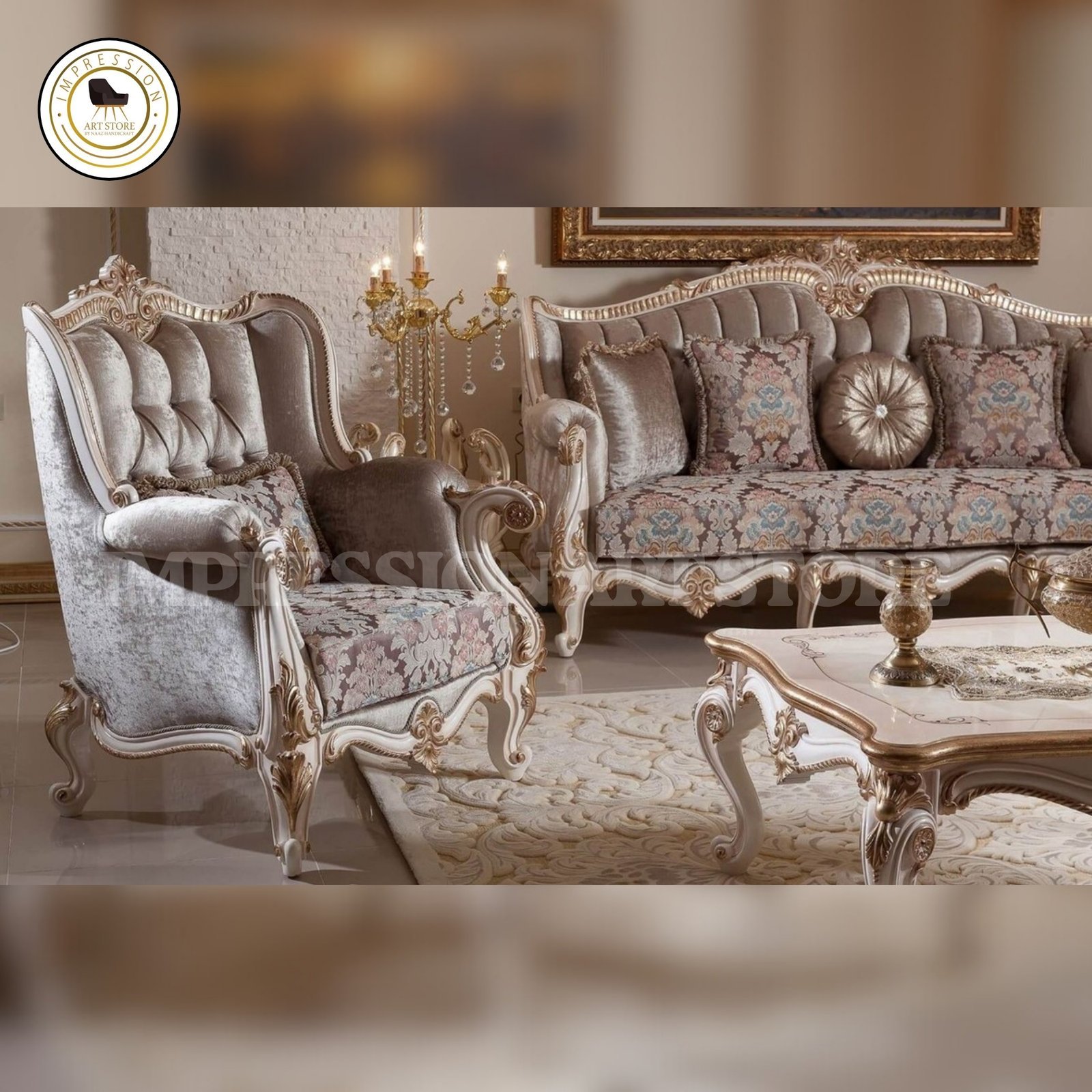 Rococo 5-Seater Teak Wood Sofa Set with Table | Antique Ivory & Silver Finish - Image 2