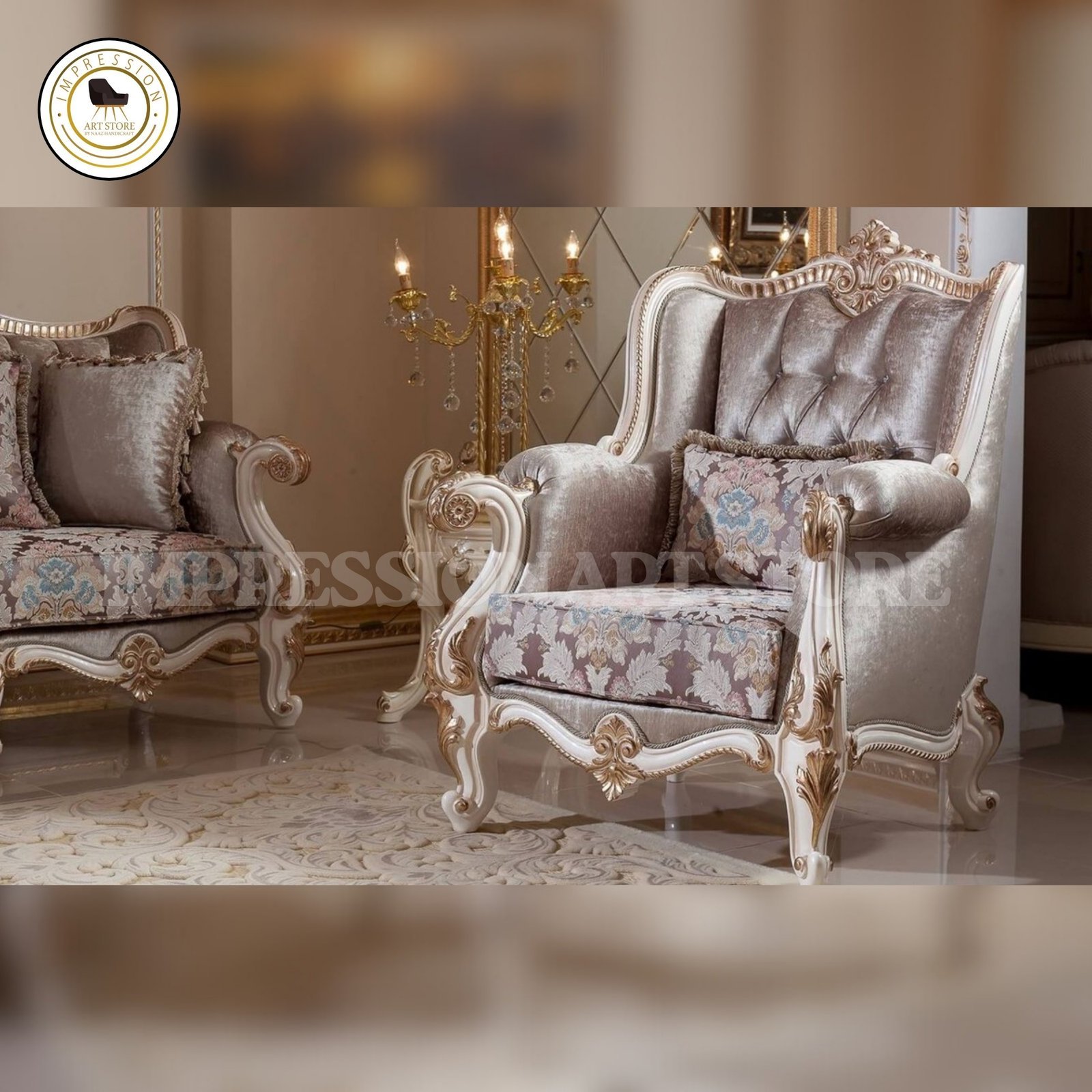 Rococo 5-Seater Teak Wood Sofa Set with Table | Antique Ivory & Silver Finish - Image 3