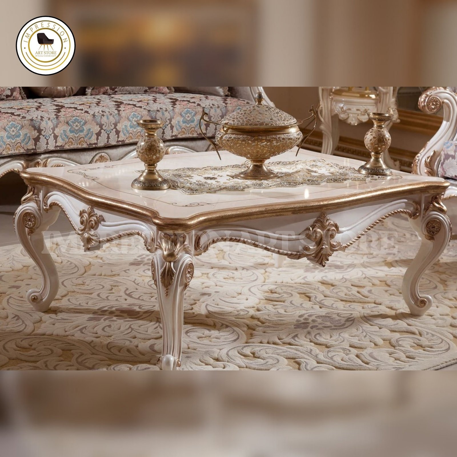 Rococo 5-Seater Teak Wood Sofa Set with Table | Antique Ivory & Silver Finish - Image 4