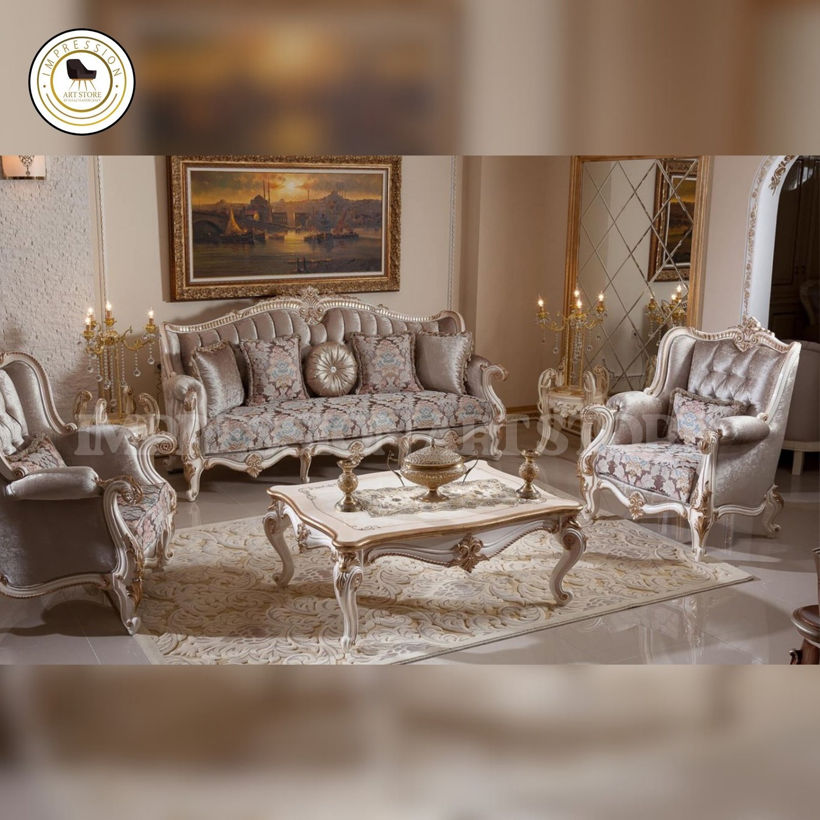 Rococo 5-Seater Teak Wood Sofa Set with Table | Antique Ivory & Silver Finish - Image 5
