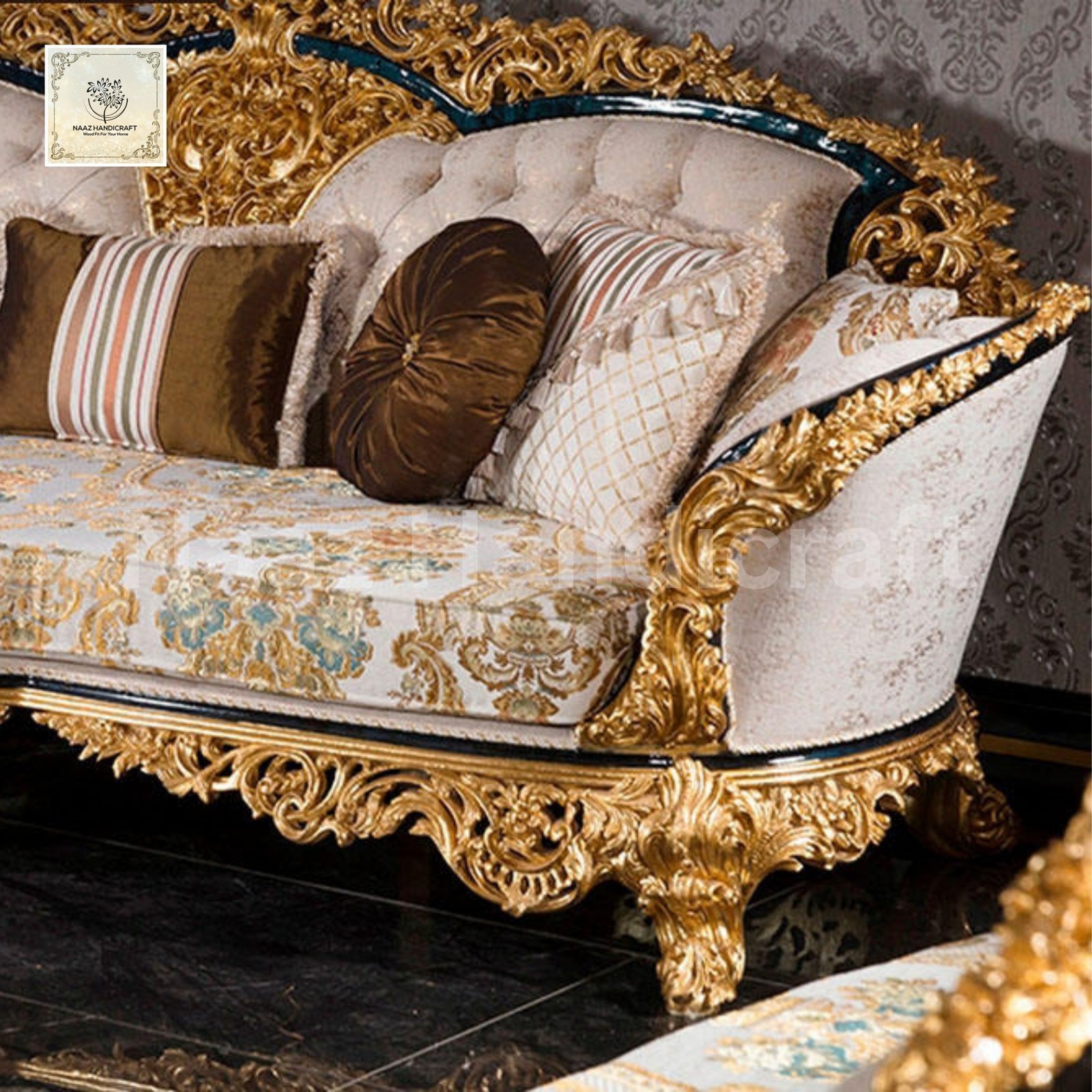 Set 5 Seater 3+1+1 with Center Table | Luxury Handcarving Design (Golden and White) - Image 3