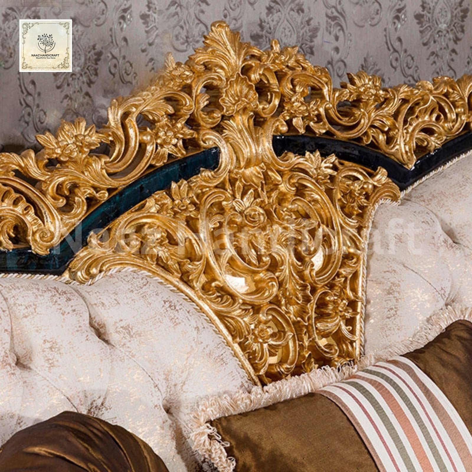 Set 5 Seater 3+1+1 with Center Table | Luxury Handcarving Design (Golden and White) - Image 4