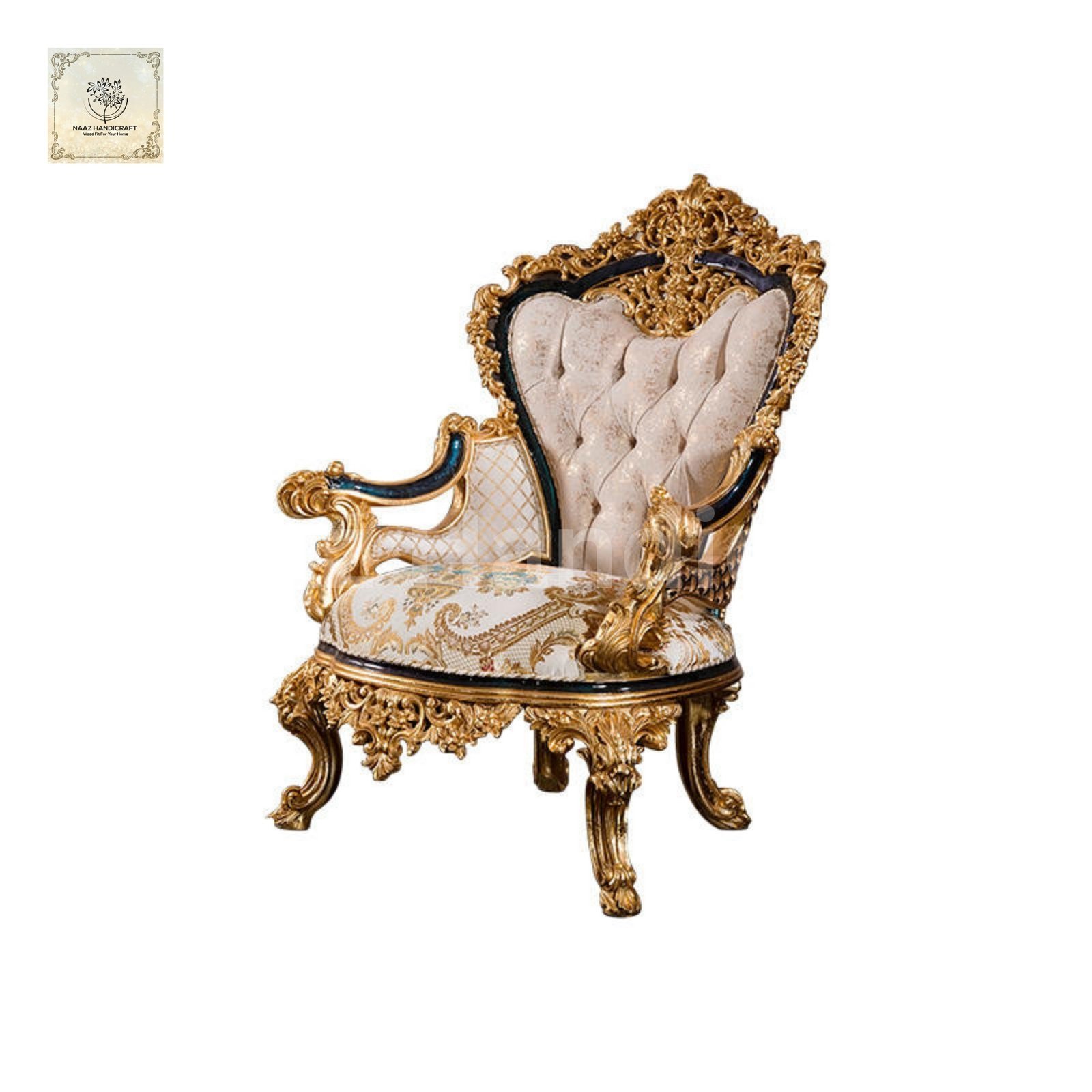 Set 5 Seater 3+1+1 with Center Table | Luxury Handcarving Design (Golden and White) - Image 6