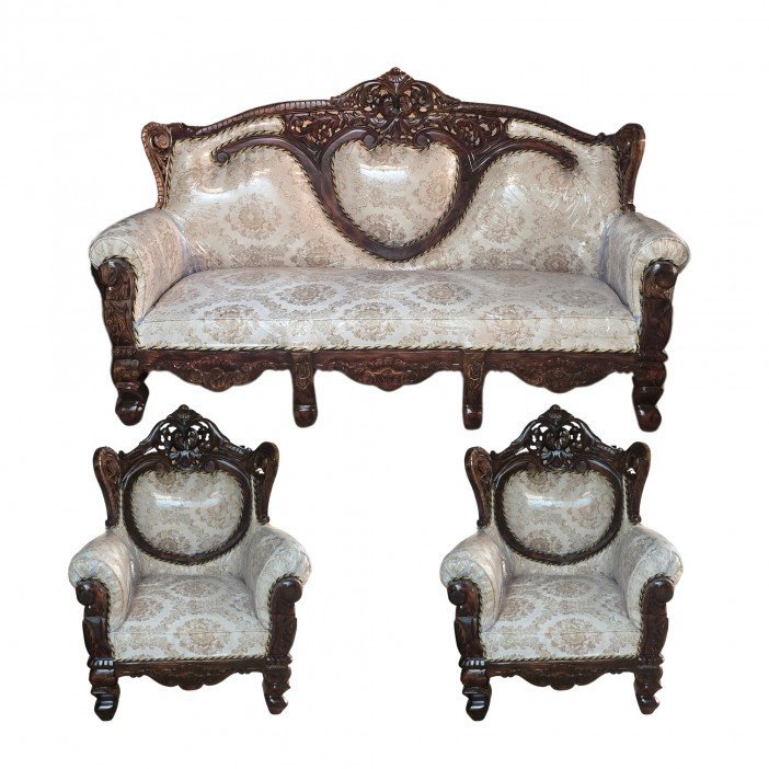 5 Seater Luxury Teak Wood Sofa Set with Silk Fabric & 40 Density Cushion