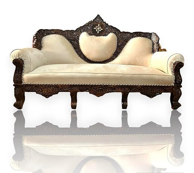 Handcrafted Sheesham Wood Sofa – Plush Beige Antique