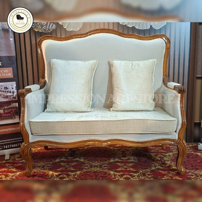 French Style Wooden Sofa Set – Handcarved Teak Wood 3-Seater & Chair Set with Premium Fabric