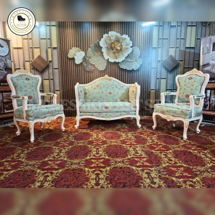 Handcarved Wooden Sofa Set | Classic White & Green Floral Fabric