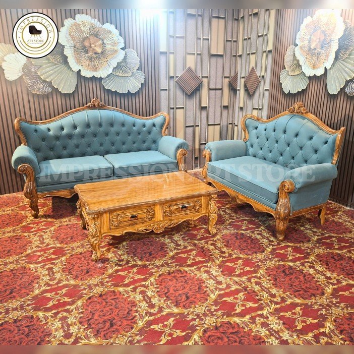 Handcrafted Teak Wood Sofa Set – Royal Blue Velvet 2+2 Design with Center Table