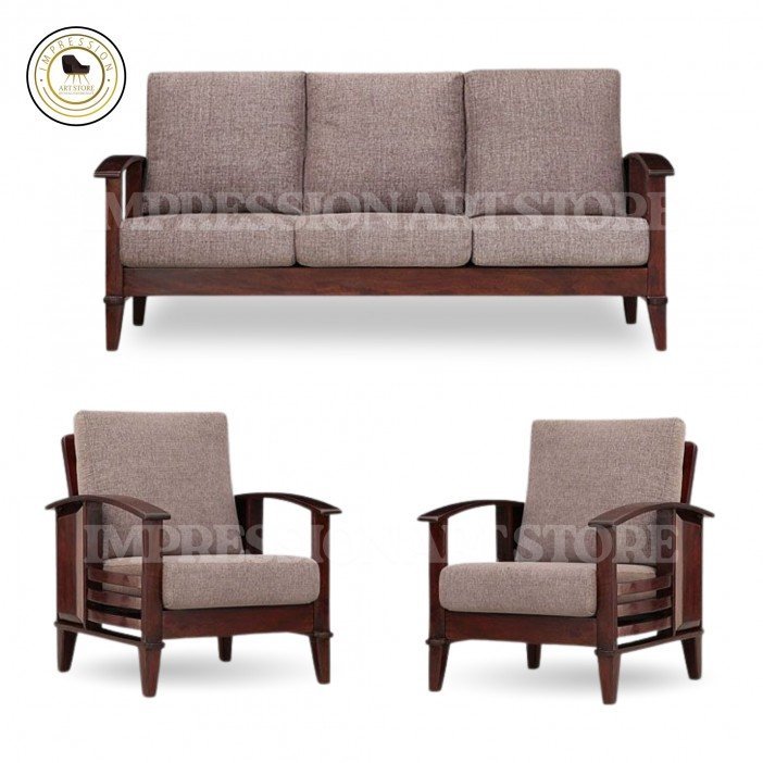 Teak Wood Sofa Set 5 Seater (3+1+1) | Classic Design with Grey