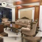 5-Seater Teak Wood Sofa Set with Table | Hand-Carved Frame with Golden Deco Accent