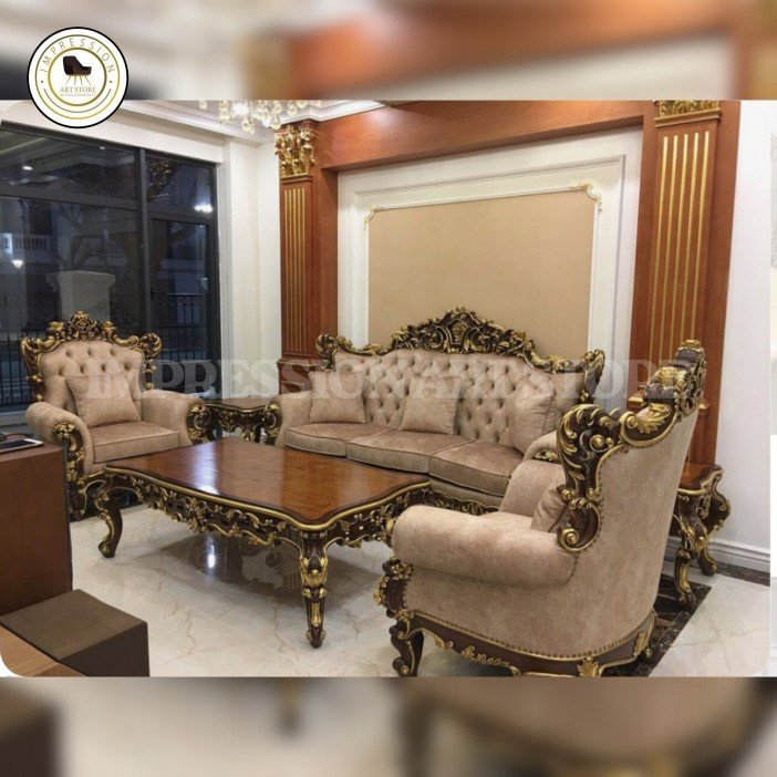 5-Seater Teak Wood Sofa Set with Table | Hand-Carved Frame with Golden Deco Accent
