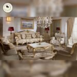 5-Seater Teak Wood Sofa Set with Table | Hand-Carved Champagne Gold Finish | Silk Fabric