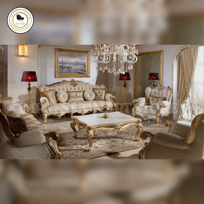 5-Seater Teak Wood Sofa Set with Table | Hand-Carved Champagne Gold Finish | Silk Fabric
