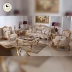 5-Seater Teak Wood Sofa Set with Tables | Hand-Carved Ivory & Gold Finish | Tufted Silk Fabric