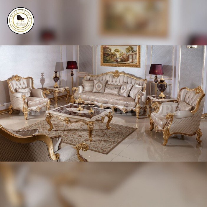 5-Seater Teak Wood Sofa Set with Tables | Hand-Carved Ivory & Gold Finish | Tufted Silk Fabric