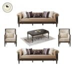 Teak Wood Sofa Set 5 Seater with Table | Rolled Arm Design & Champagne Upholstery