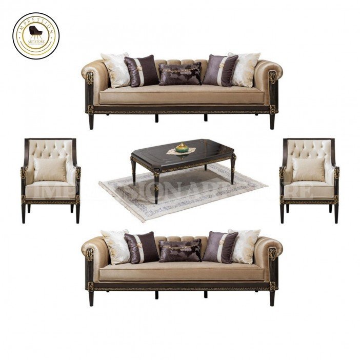 Teak Wood Sofa Set 5 Seater with Table | Rolled Arm Design & Champagne Upholstery