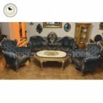 5-Seater Teak Wood Sofa Set with Table | Hand-Carved Antique Gold Finish