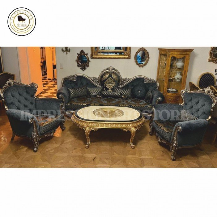 5-Seater Teak Wood Sofa Set with Table | Hand-Carved Antique Gold Finish
