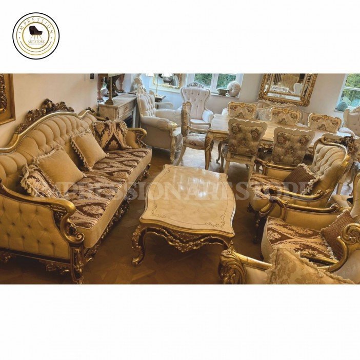 Baroque 5-Seater Teak Wood Sofa Set with Table | Light Gold Finish & Silk Fabric Upholstery