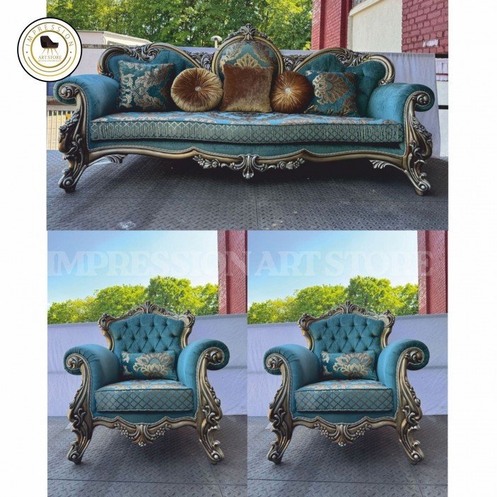 5-Seater Teak Wood Sofa Set | Hand-Carved Antique Gold Finish | Teal Velvet & Brocade Upholstery