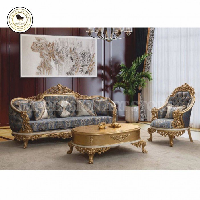 Baroque 5-Seater Teak Wood Sofa Set with Table | Hand-Carved Antique Gold Frame