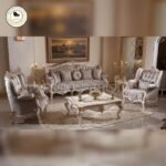 Rococo 5-Seater Teak Wood Sofa Set with Table | Antique Ivory & Silver Finish