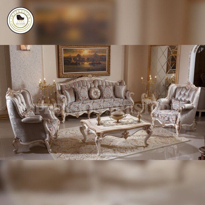 Rococo 5-Seater Teak Wood Sofa Set with Table | Antique Ivory & Silver Finish