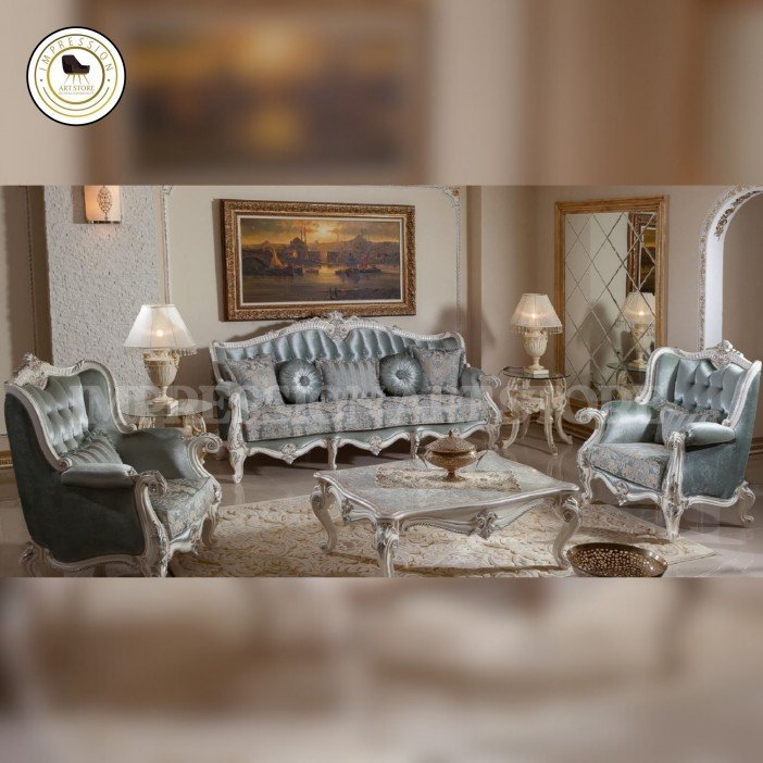 Luxury 5-Seater Teak Wood Sofa Set with Table | Hand-Carved Antique Silver Finish