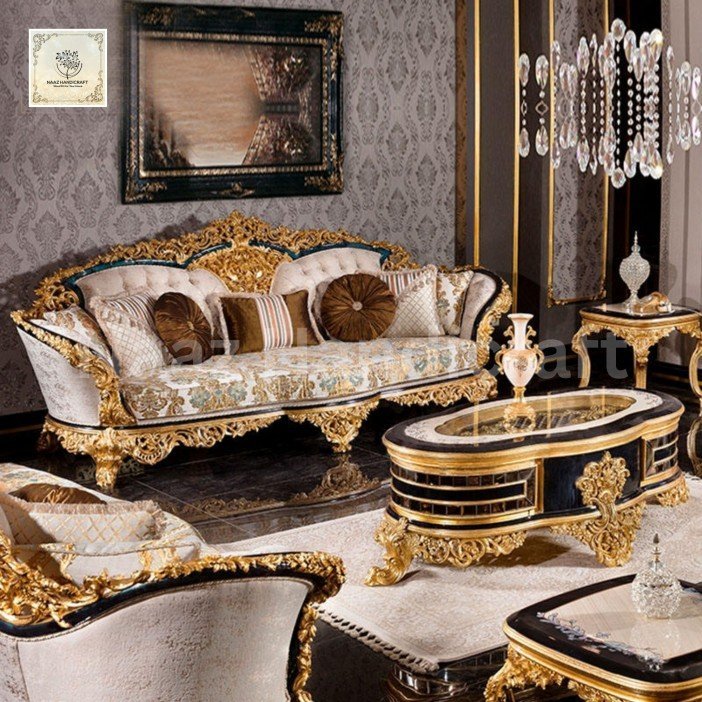 Set 5 Seater 3+1+1 with Center Table | Luxury Handcarving Design (Golden and White)