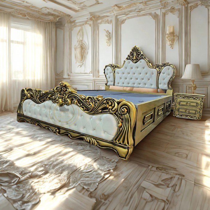 Luxury Teak Wood King Bed with Hydraulic Storage & Tables