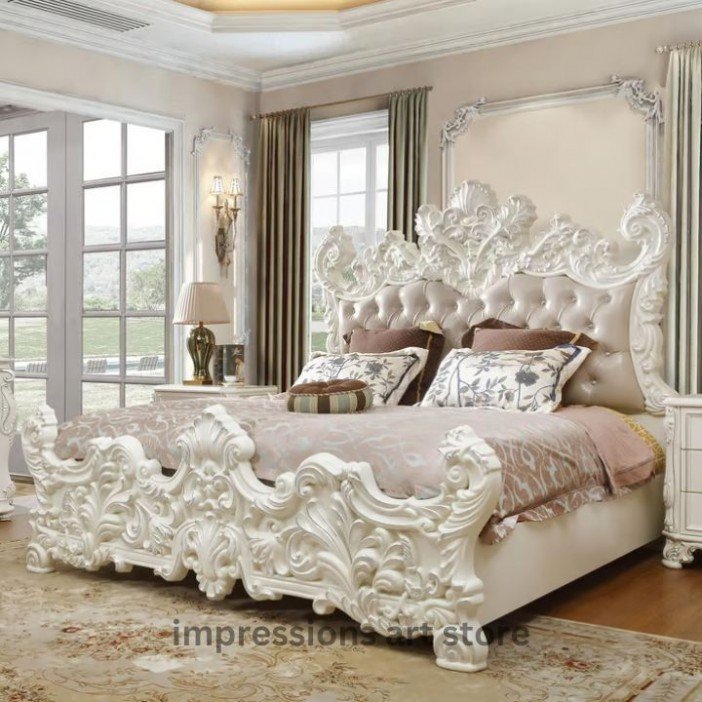 Silver Accents King Bed Carved Wood Impression Art Store