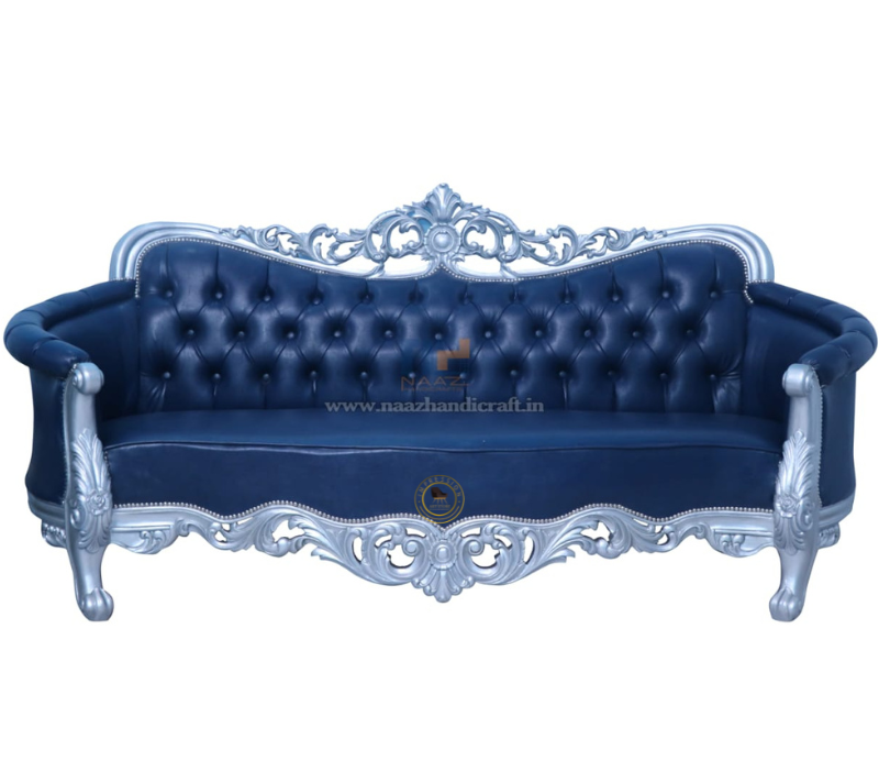Premium Blue Fabric 3 Seater Sofa with Teak Frame