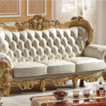 3 Seater Teak Wood Sofa With Handcarving and Cushion Button Detailing (Golden Finish, Ivory)