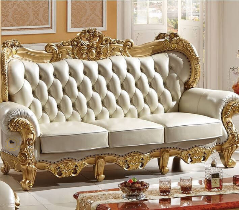 3 Seater Teak Wood Sofa With Handcarving and Cushion Button Detailing (Golden Finish, Ivory)