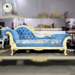 Solid Teak Wood Royal Handcarved Sofa Diwan, Blue and Cream