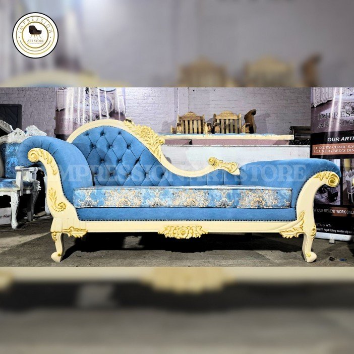 thumb_800_702_258 Solid Teak Wood Royal Handcarved Sofa Diwan, Blue and Cream - Image 1