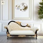 Solid Teak Royal Handcarved 3-Seater Sofa Diwan, Black & White